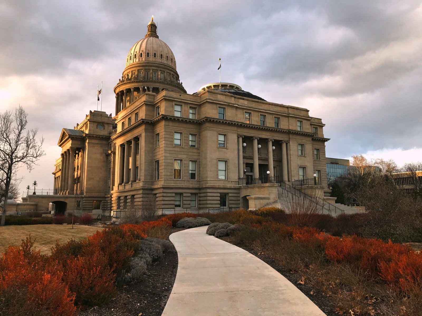 The Idaho State Capitol in Boise at sunset.